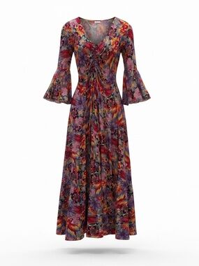 Floral V-Neck Bell Sleeve Maxi Dress - Red Purple